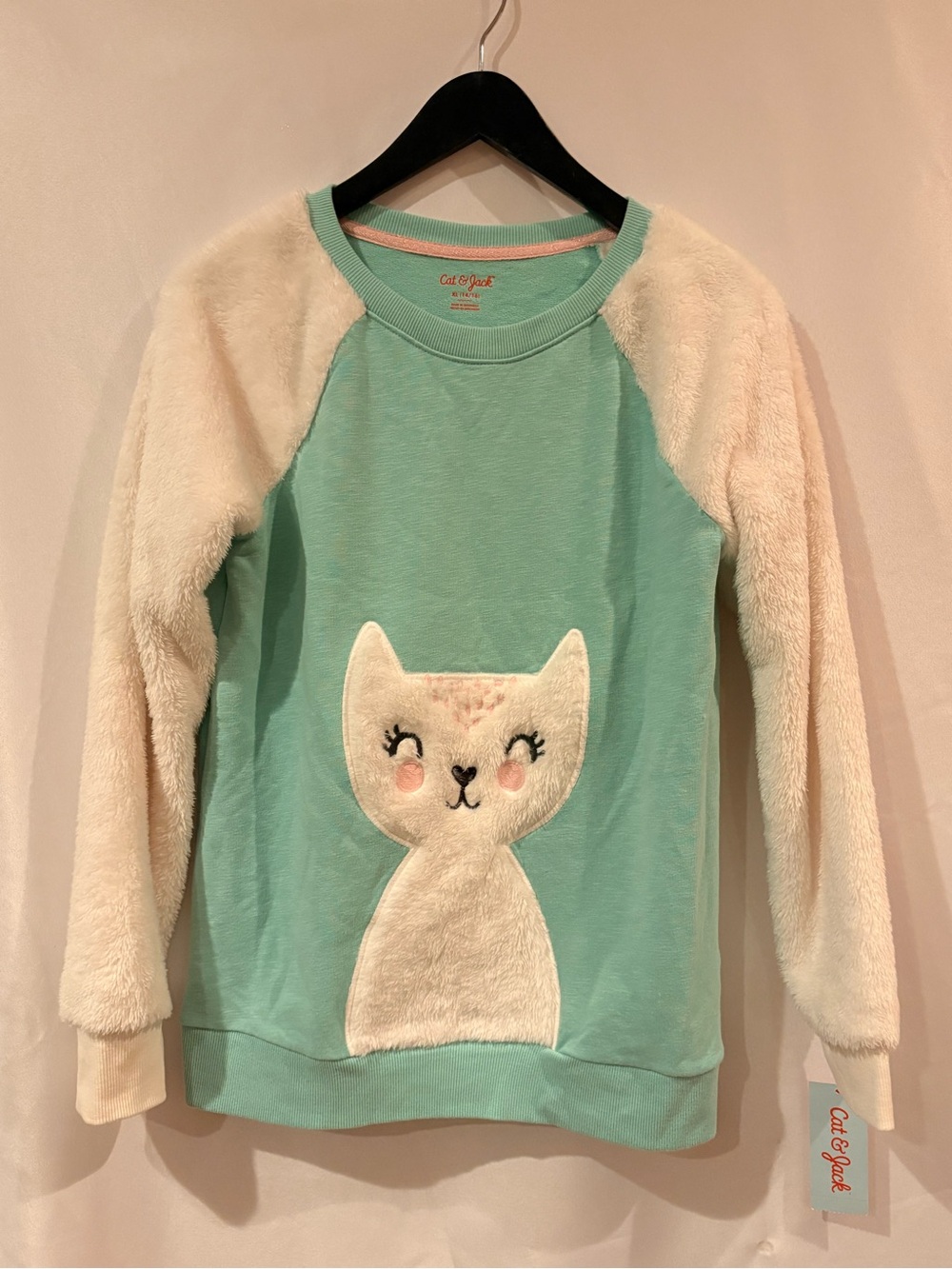 Cat & Jack Mint Green Sweatshirt with Cream Fuzzy Kitty
